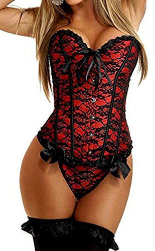 Kelvry Women's Gothic Lace up Boned Overbust Bustier Brocade Basque Corset Lingerie Plus Size 6-24 - 12-14 - Red