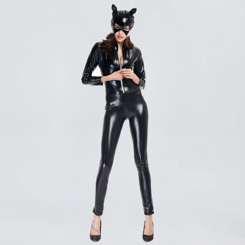 Black PU Leather Cat Women's Jumpsuit - Black / S