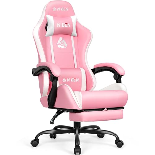 N-GEN Video Gaming Chair with Footrest High Back Ergonomic Comfortable Office Computer Desk with Lumbar Support Height Adjustable with PU Leather Recliner for Adults Women Men (Pink) - Pink