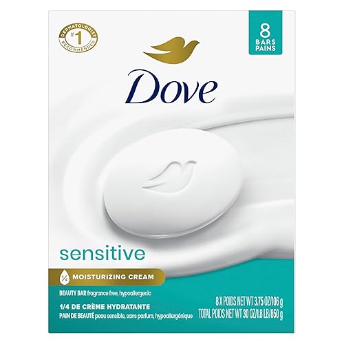 Dove Beauty Bar Soap Sensitive, 8 Bars for Sensitive Skin, Fragrance Free and Hypoallergenic 3.75 oz - 3.75 Ounce (Pack of 8) - Fragrance Free