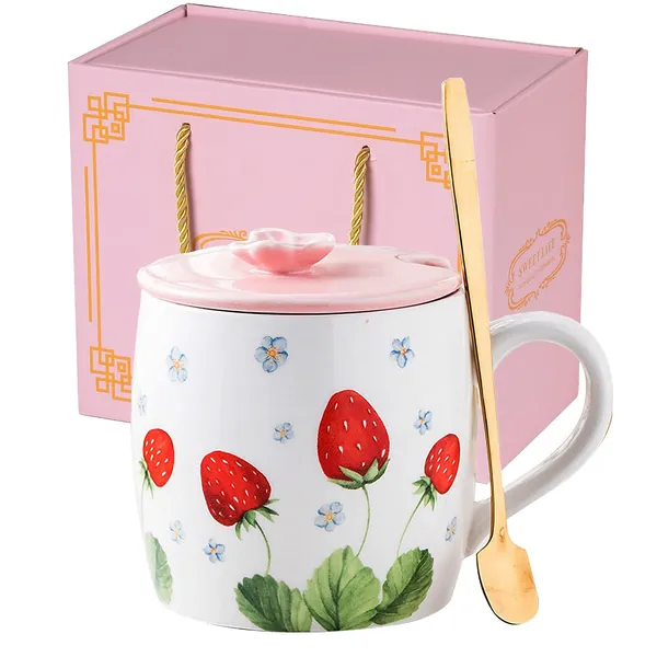KEYIGOU 13.5oz Cute Strawberry Ceramic Coffee Mug with Lid Gold Spoon Cute Mugs Milk Tea Cup with Gift Box for Women Mother Friends Lovers Gifts - 