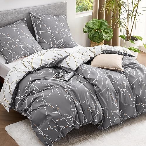 BEDSURE Bettwäsche 135x200 4teilig Bettbezug - Bettwäsche-Sets 135 x 200 Mikrofaser mit 2 mal Kissenbezüge 80x80cm, ÖKO-TEX Bettwäsche Set Zweige grau Muster mit Reißverschluss - Zweige grau 220x240cm