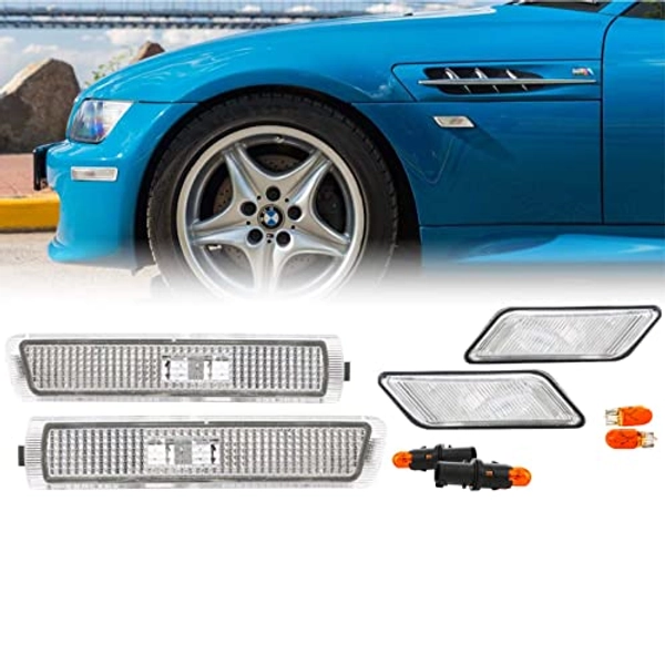 USR Z3 Side Marker Lights - COMBO Euro Clear Lens Front Bumper Sidemarkers + Fender Sidemarker Lamps Set Compatible with 1996-2002 BMW Z3 / M Roadster/M Coupe (4 Pieces w/ 2 Bulbs + Socket Included)