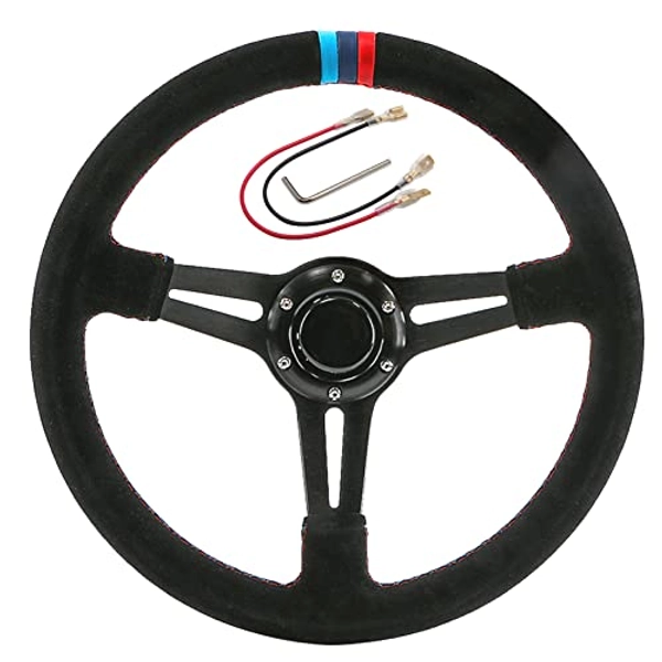 Somusen Universal Suede Racing Steering Wheel Sport Style 13.8" 6 Bolt Deep Dish with Horn Button, Cable, Wrench