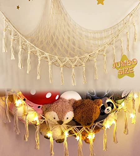 Stuffed Animal Toy Storage Hammock with LED Light-Macrame Jumbo Doll Room Corner Organizer Mesh Decoration-Hanging Storage Nets Kids Bedroom, (X-Large Size) - White - XL (43"*43"*55")