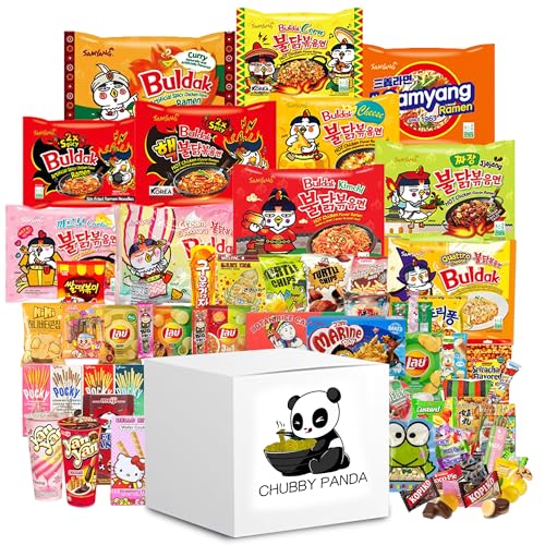 Samyang Ramen Noodles Variety Pack - 10 Flavors of Fire Instant Spicy Noodles Gift Snack Pack includes 2 Chopsticks, 1 Delicious Snack and a FREE CHUBBY PANDA Sticker.