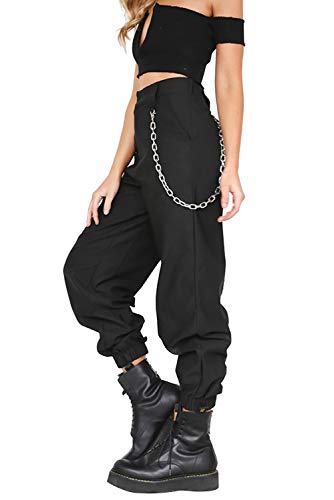 Pantalon con Cadena y Bolsillos Mujer Hip Hop Cargo Pants - Negro - M
