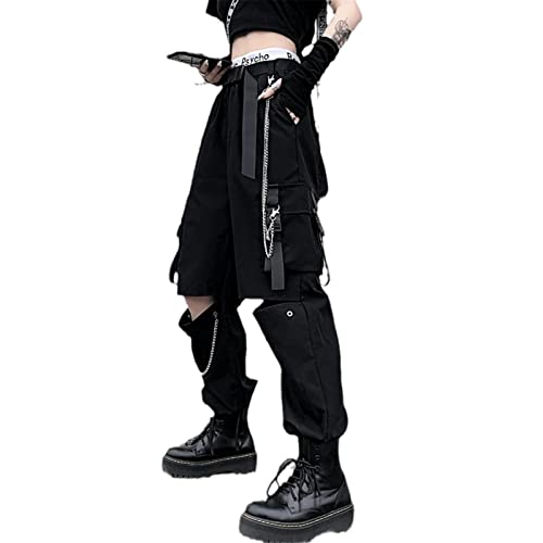 HAN HONG Black Cargo Pants Women Gothic Streetwear Harajuku Techwear Trousers Man Elastic Waist Patchwork Korean Pant - M - Black