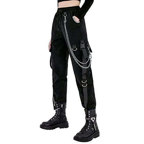 MEINVQIAOTI Pantalones cargo negros para mujer, Techwear para mujer, sueltos, estilo Street Rock, estilo casual, pantalones negros con cadena, pantalones góticos - Negro - M
