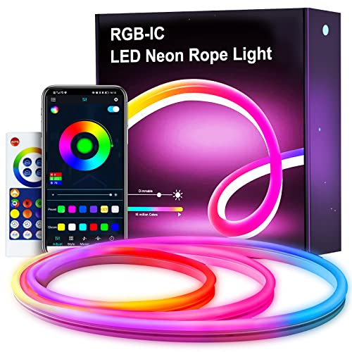 Tira de luces LED de neón, 3 m, RGBIC de neón con control de aplicación, cambio de color, cinta de luz de neón para salón, dormitorio, decoración de pared