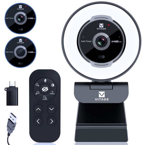 Zoomable Webcam with Remote Control, Vitade 1080P 60FPS Streaming Webcam with Adjustable Ring Light and Advanced Auto-Focus, Pro USB 5X Digital Zoom Webcam for Zoom/Skype Teams/Laptop/Mac Windows - Webcam