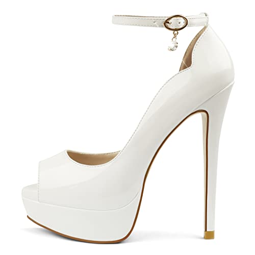 MERUMOTE Women's Platform Stiletto Heels Shoes Peep Toe Pumps 6 inch Heels for Dress Wedding Party - 9 - White With Pendant