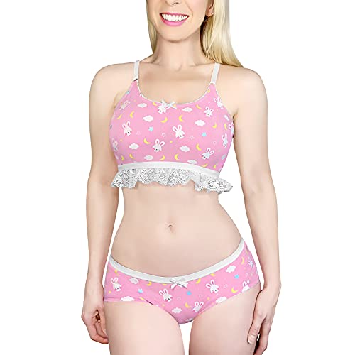 Littleforbig Lacy Trim Women Nightwear Strap Sleepwear Cami Top Shorts Lingerie Bralette Loungewear Set - Snuggle Bunny - Small - Pink