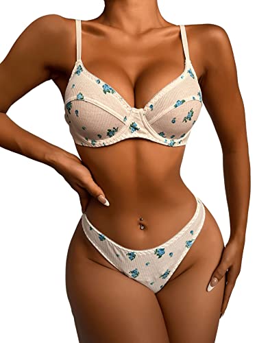 SweatyRocks Women's Print Triangle Bra and Panty 2 Piece Lingerie Set - Small - Floral White Blue
