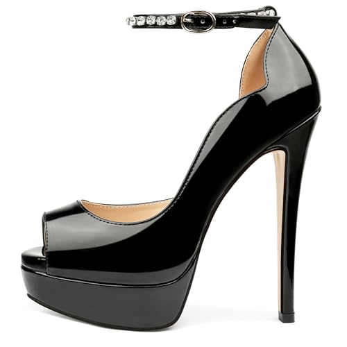 MERUMOTE Women's Platform Stiletto Heels Shoes Peep Toe Pumps 6 inch Heels for Dress Wedding Party - 10 - Black With Shiny Chain