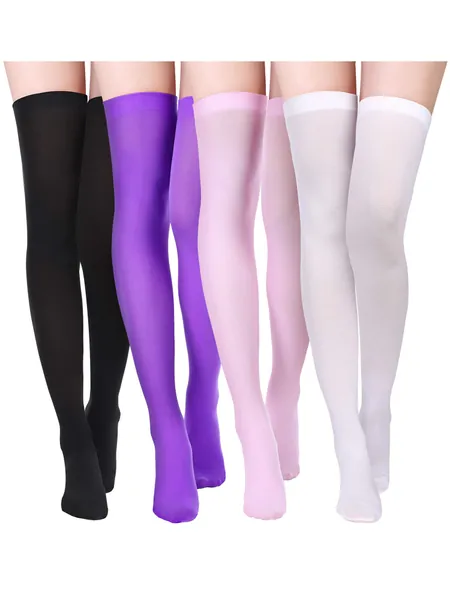 4 Pairs Women's Silk Thigh High Stockings Nylon Socks for Women Halloween Cosplay Costume Party Tights Accessory