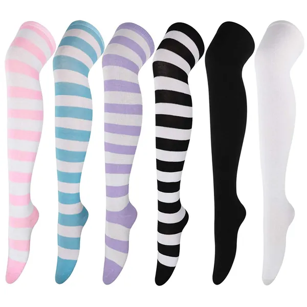 DRESHOW 6 Pairs High Thigh Socks Striped Over Knee Thin Tights Long Stocking for Women Leg Warmer - 6 Pairs K: Pink, Blue, Purple, Black Stripe, White, Black