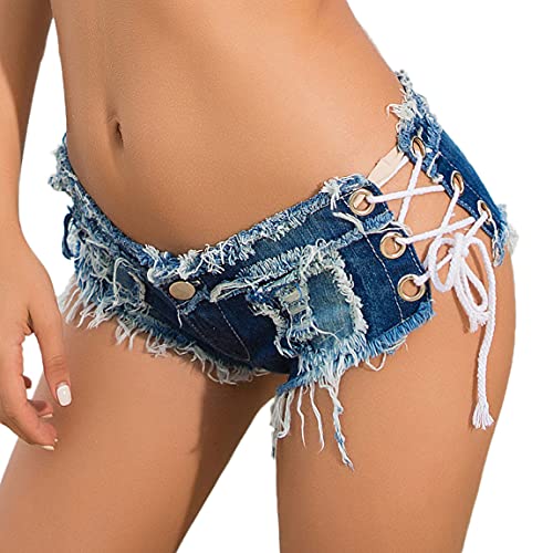 Soojun Women's Low Rise Lace Up Cheeky Mini Denim Shorts Clubwear - #2 Blue - Large