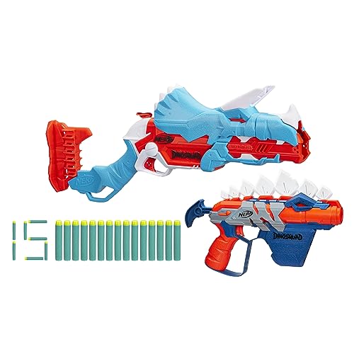 NERF DinoSquad Dino-Clash Pack, Includes 2 Blasters, 15 Elite Darts, Dart Storage, Triceratops and Stegosaurus Dinosaur Designs
