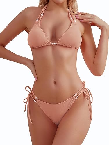 TASHEHE Women's Triangle String Bikini Set Sexy Tie Side Two Piece Swimsuit Cute Halter Bathing Suit - Small - Coral