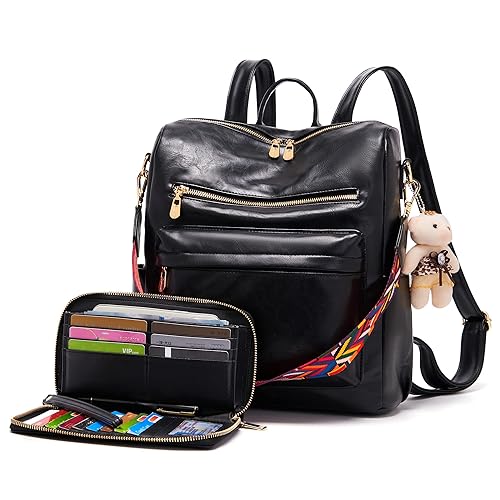 Soperwillton Women Backpack Purse Multipurpose Design Handbags Shoulder Bag PU Leather Travel bag Backpack Set 2pcs - Black