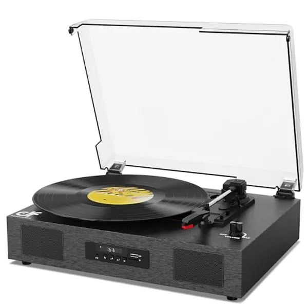 Vinyl Record Player Bluetooth 3-Speed Record Player with Built-in Speakers, USB Recording, RCA Line-Out, AUX-in, Record Player Turntable with Speakers Black