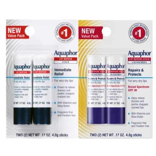 Aquaphor Lip Repair, Moisturizing Lip Balm Multipack (2 Repair sticks + 2 Repair & Protect SPF 30 sticks) - 2 Repair sticks + 2 Repair & Protect SPF 30 sticks