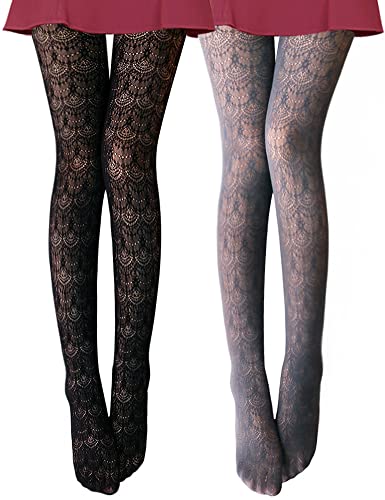 VERO MONTE Womens Colorful Hollow Out Knitted Tights - Patterned Lace Stockings - ( Height: 5'5" - 5'11" / Weight: 100-180lbs ) - 2 Pairs, Grey + Black