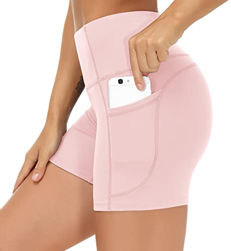 THE GYM PEOPLE High Waist Yoga Shorts for Women's Tummy Control Fitness Athletic Workout Running Shorts with Deep Pockets - Small - Pink