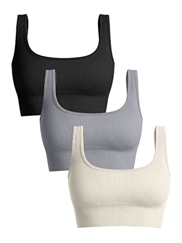OQQ Women's 3 Piece Medium Support Tank Top Ribbed Seamless Removable Cups Workout Exercise Sport Bra - Black Grey Beige - Medium