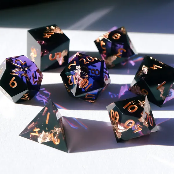 Heretic&#39;s Glory - purple and black handmade resin sharp edge dnd dice set for DnD, D&D, Dungeons and Dragons, RPG dice