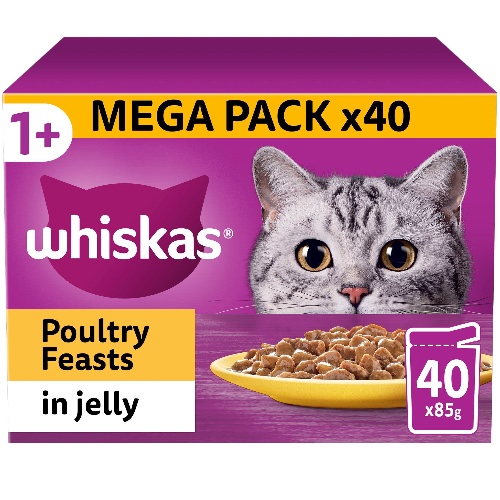 Whiskas 1 plus Adult Poultry Selection in Jelly 40 Pouches, Adult Wet Cat Food, Megapack (40 x 85 g)
