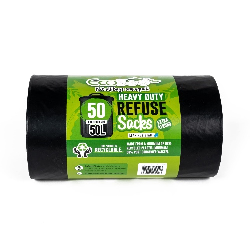 EcoBag 50 Heavy Duty Refuse Sacks 50L, Black, 1200 Rim X 800 L