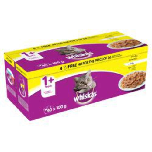 40 x Whiskas 1+ Cat Pouches Poultry Selection In Jelly 100g, Transparent