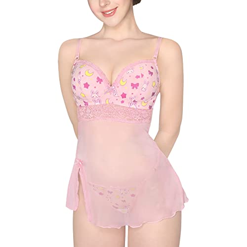 LittleForBig Donna Biancheria da Notte Usagi Babydoll Cinturino in Pizzo Scollo a V Lingerie Pigiama - Rosa - M