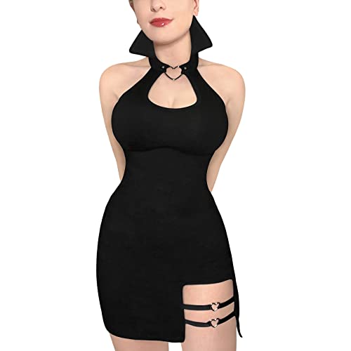 LittleForBig Donne Cotone Overall Colletto Vampire Bodycon Mini Abito Gonna - Nero - M