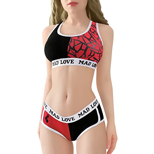 LittleForBig Donne Camisole e Mutandine in Cotone Sportivo Loungewear Bralette Set - Mad Love - M - Nero