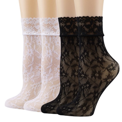 BIVOLU Womens Crew Socks Lace Ruffle Frilly Cotton Cute Princess Ankle Dress Socks for Girl 2/4/5/6 Pack - 4pairs(2*white+2*black)