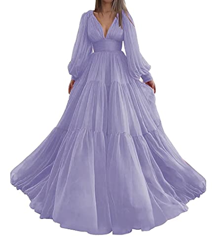 Long Puffy Sleeve Prom Dress V Neck Ball Gown Tulle Formal Evening Gowns for Women A-Line Wedding Dress - Lavender - 14