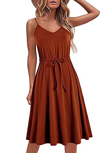 Women's Casual Summer Dress Cotton Sleeveless Spaghetti Strap Adjustable Waist A Line Sun Dresses with Pockets 826 - Small - Brown