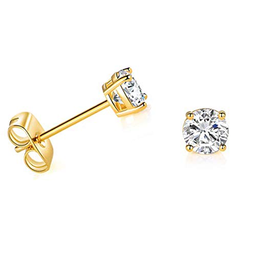 Solid 14k Yellow Gold Solitaire Round Cubic Zirconia CZ Stud Earrings with 14k Gold Butterfly Push Backings - 4mm