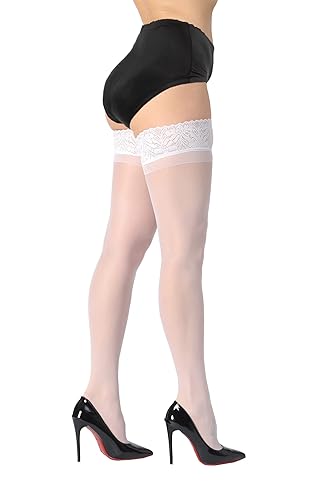 DORALLURE Thigh High Stockings Silicone Lace Top Stay Up Silky Semi Sheer Pantyhose for Women Hold Up Nylon - Small-Medium - White