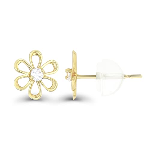 Solid 14K Yellow Gold Hypoallergenic Polished AAA Cubic Zirconia Simulated Diamond Stud Earrings - Daisy-(7.50mm)