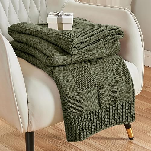 CozeCube Knit Throw Blanket,Olive Green Checkered Throw Blanket for Couch,Soft Cozy Warm Knitted Throw Blanket for Bed Sofa Living Room,Decorative Spring Fall Throw Blanket 50"X60",Olive Green - 50"X60" - Burnt Olive