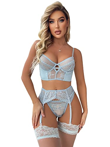 SOLY HUX Sexy Lingerie for Women Naughty 4 Piece Lace Garter Belt Bodydoll Lingerie Set with Stocking Underwire Bra and Panty - Medium - Pure Light Blue