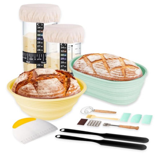 Complete Sourdough Bread Baking Supplies, Sourdough Starter Kit, 24oz Sourdough Starter Jar, 2 Bread Proofing Baskets, Thermometer, Feeding Time Tracker, Metal Scraper, Easy to Clean