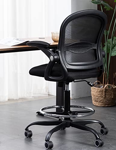 Drafting Chair with Footrest Tall Office Chair for Standing Desk Chairs with Flip-up Armrests Mesh Executive Chair Ergonomic Computer Standing Desk Chair with Lumbar Support (Black with Footrest) - Black with Footrest