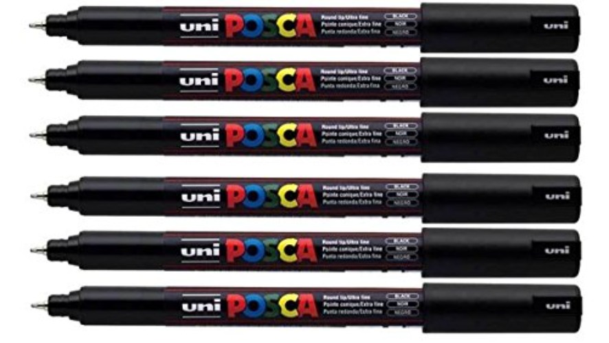 Uni Posca PC-1MR Black Colour Paint Marker Pens Ultra Fine 0.7mm Calibre Nib Tip Writes On Any Surface Glass Metal Plastic Fabric Stone Wood (Pack of 6) - 1 count (Pack of 6)