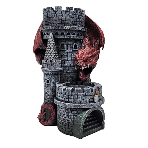Forged Dice Co. Dragons Keep Castle Dice Tower - Heavy Duty Resin and Hand-Painted with LED Color Changing Lights - Dungeon Compatible Dice Rolling Tower for DND and Tabletop Games - Red Dragon - Red Dragon W/ Black Castle & Remote