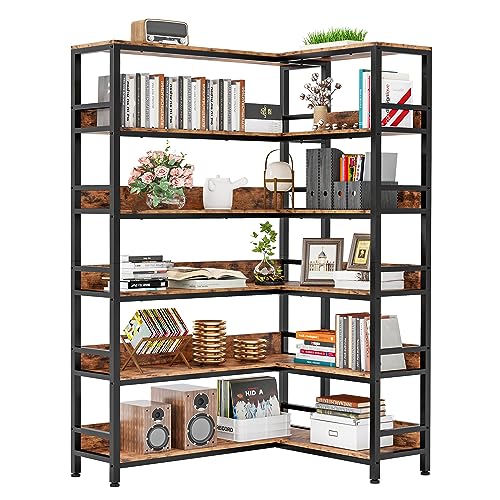 IRONCK Industrial Bookshelves 6 Tiers Corner Bookcases with Baffles Etagere Shelf Storage Rack with Metal Frame for Living Room Home Office - Vintage Brown - 6 Tiers